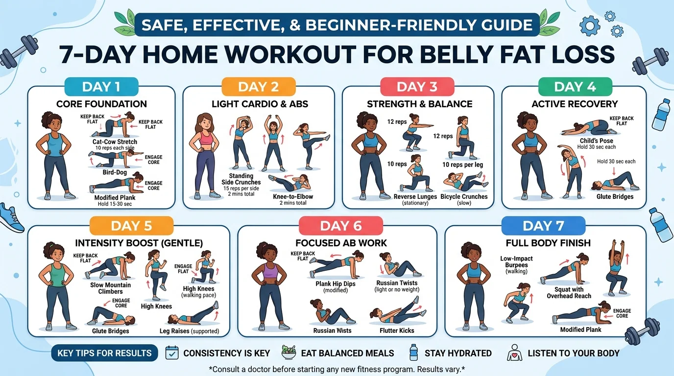 Home workout for belly fat loss in 7 days